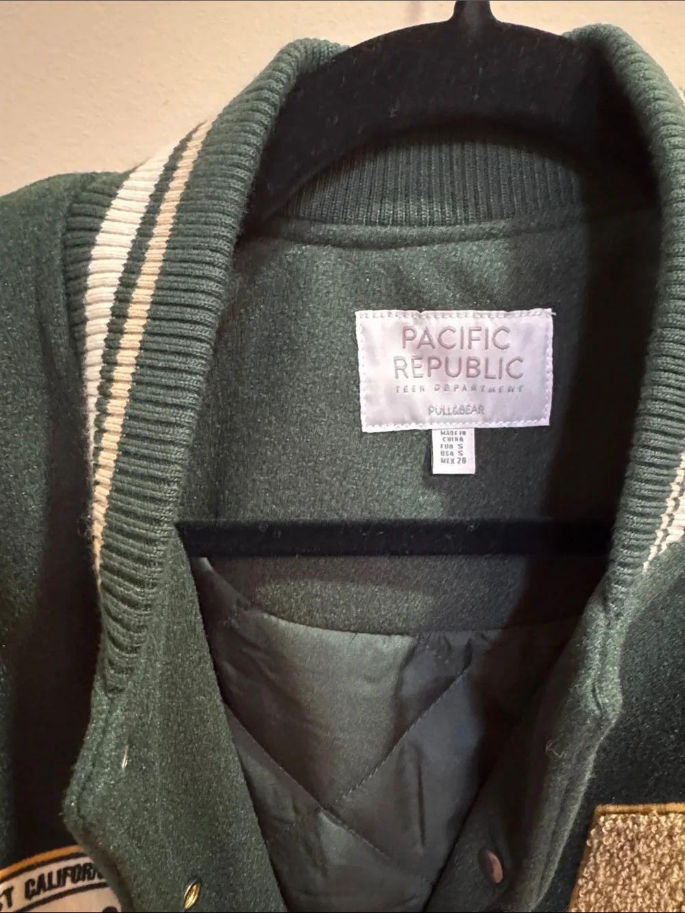 Pull&Bear Dark Green and Cream Kids Letterman Jacket with Gold 'C' Patch